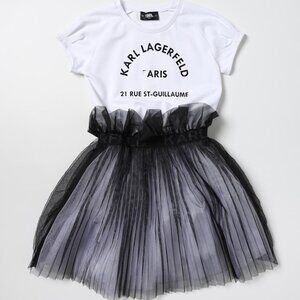 KARL LAGERFELD Black White Mid Length Tulle‎ Logo Dress Sz 14